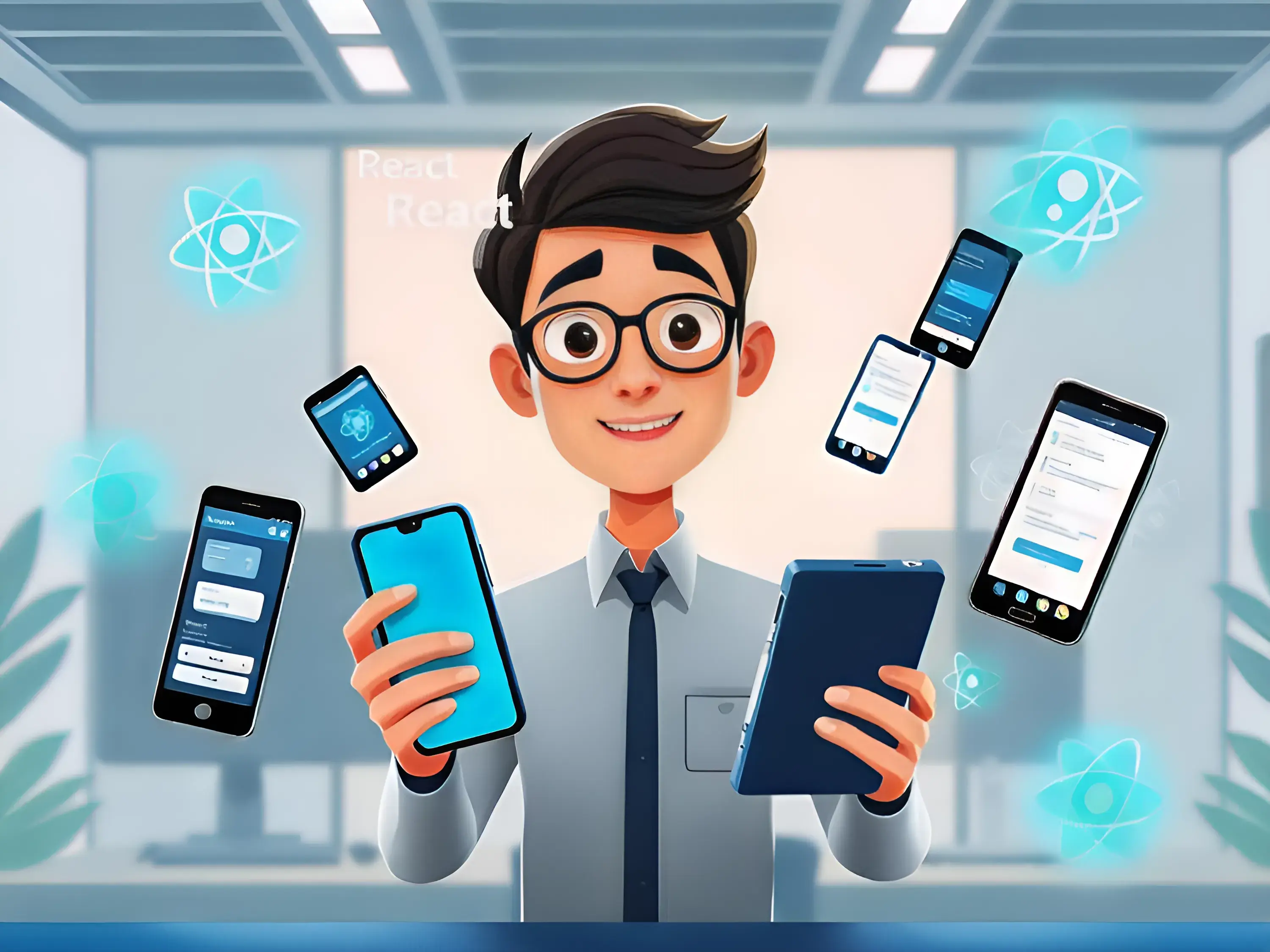 Mobile app developer surrounded by floating iOS and Android phones and tablets displaying app interfaces, emphasizing React Native's cross-platform development capabilities for mobile devices, as highlighted in the article about finding expert React Native mentorship.