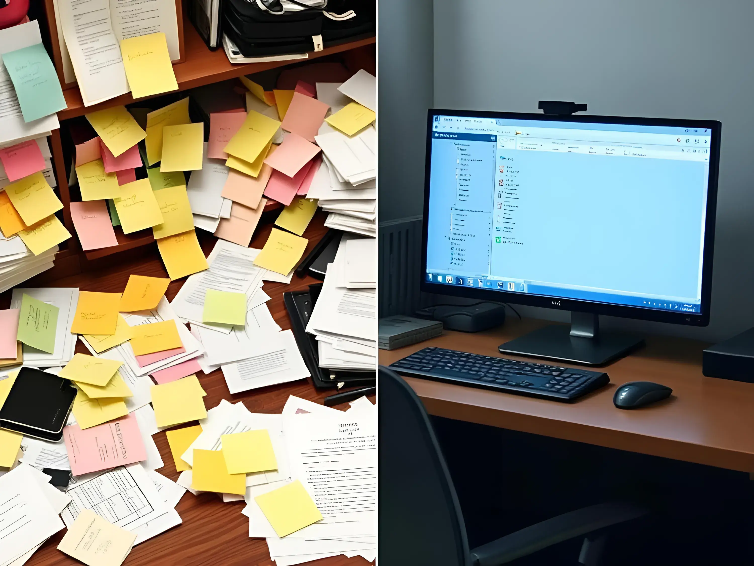 A contrast between outdated paper-based workflows and modern remote work setup, highlighting the difference between disorganized and efficient remote work practices